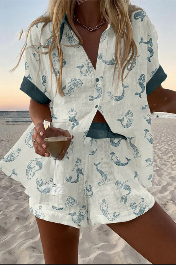 Women's Jalira Short Linen Set with Mermaid Print - Breezy Summer
