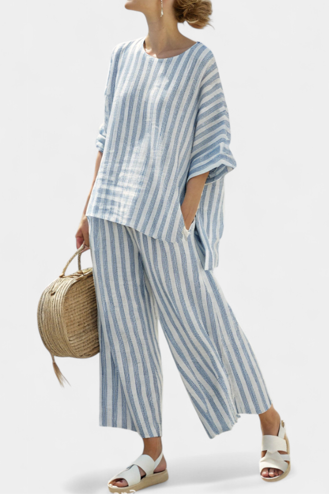 Women's Linen Striped Two-Piece Set - Breezy Coastal Ensemble