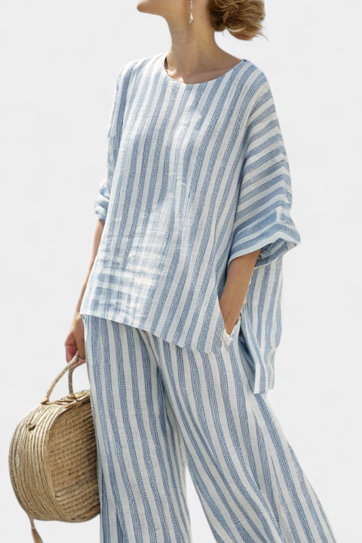 Women's Linen Striped Two-Piece Set - Breezy Coastal Ensemble