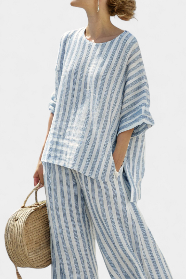Women's Linen Striped Two-Piece Set - Breezy Coastal Ensemble