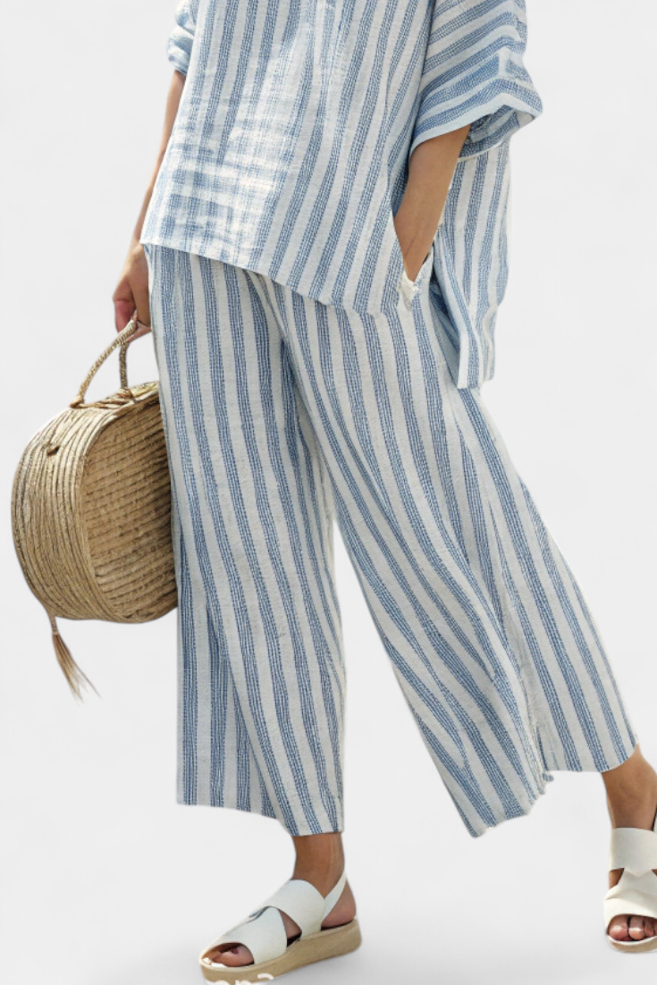 Women's Linen Striped Two-Piece Set - Breezy Coastal Ensemble