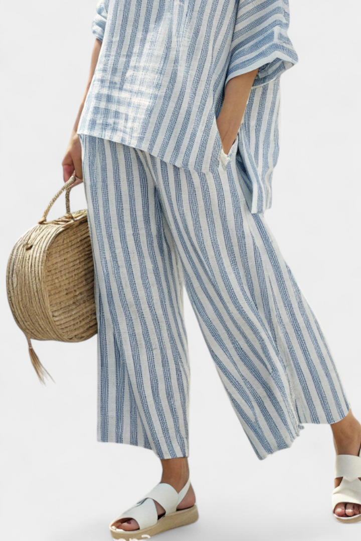 Women's Linen Striped Two-Piece Set - Breezy Coastal Ensemble