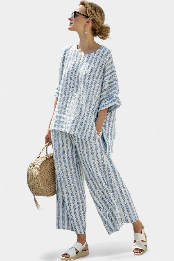 Women's Linen Striped Two-Piece Set - Breezy Coastal Ensemble