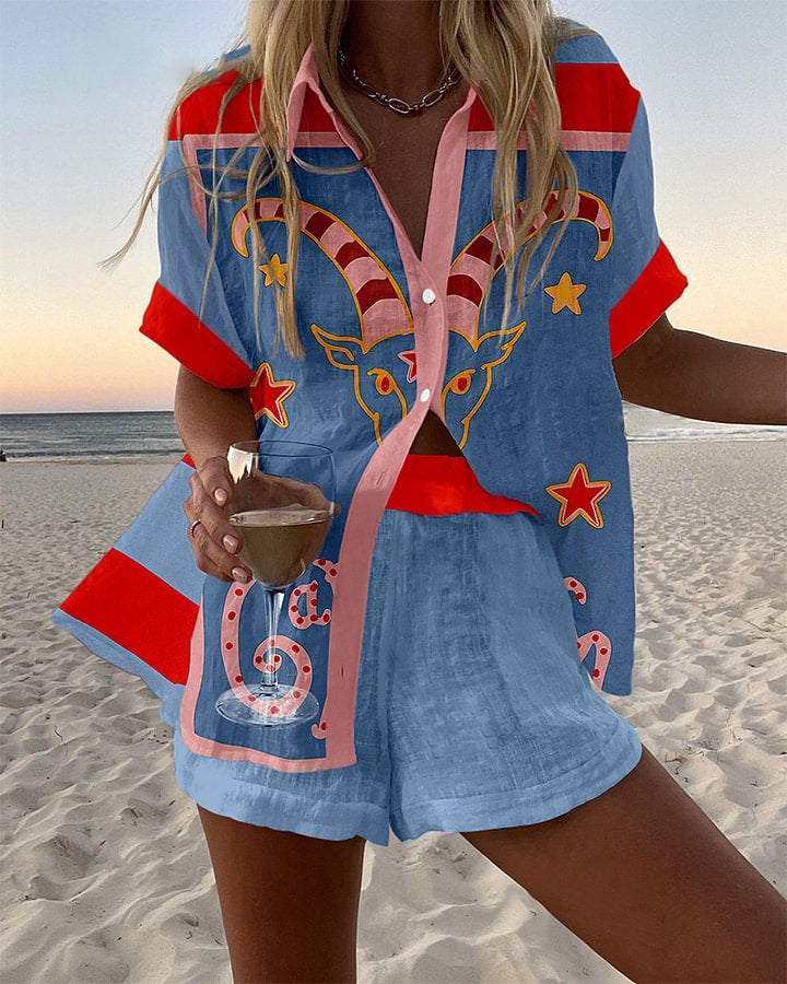 Women's Short Linen Set with Goat Print - Fun Summer Style