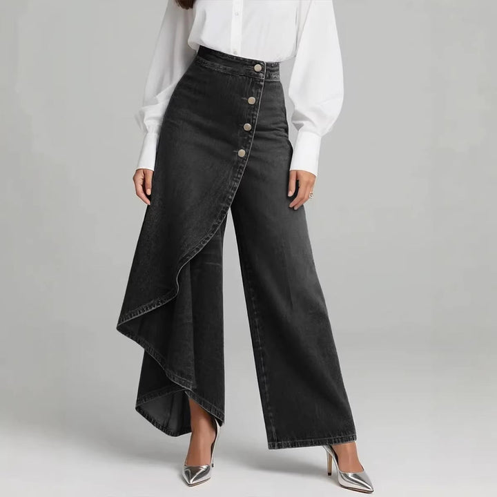 Women's High-Waisted Denim Jeans with Asymmetrical Ruffled Hem