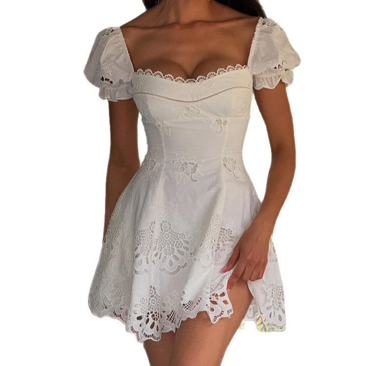 Women's Square Neck Lace Puff Sleeve A-Line High Waist Solid Color Short Dress 2026 Spring
