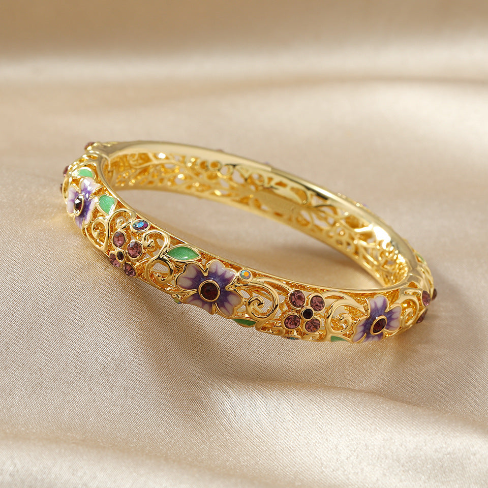 Floral Enamel Diamond-Accent Bangle Bracelet – 14k Gold-Plated