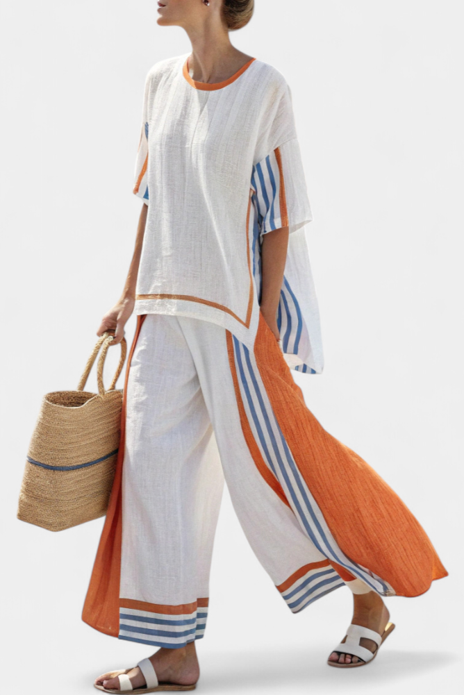Women's Striped Wide-Leg Pants & Linen Set - Effortless Summer