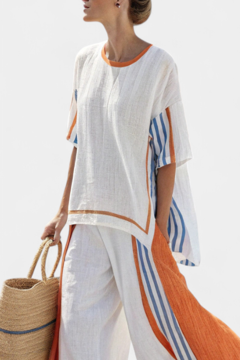 Women's Striped Wide-Leg Pants & Linen Set - Effortless Summer