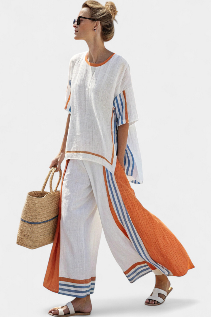 Women's Striped Wide-Leg Pants & Linen Set - Effortless Summer