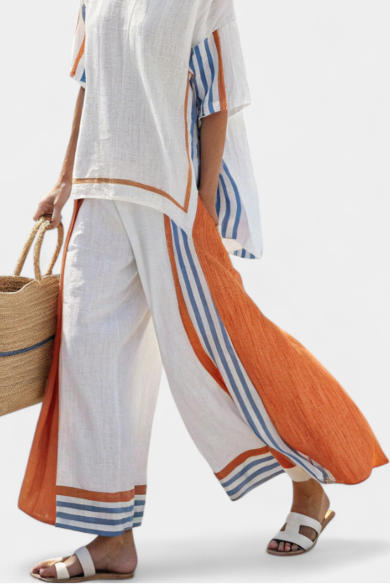 Women's Striped Wide-Leg Pants & Linen Set - Effortless Summer