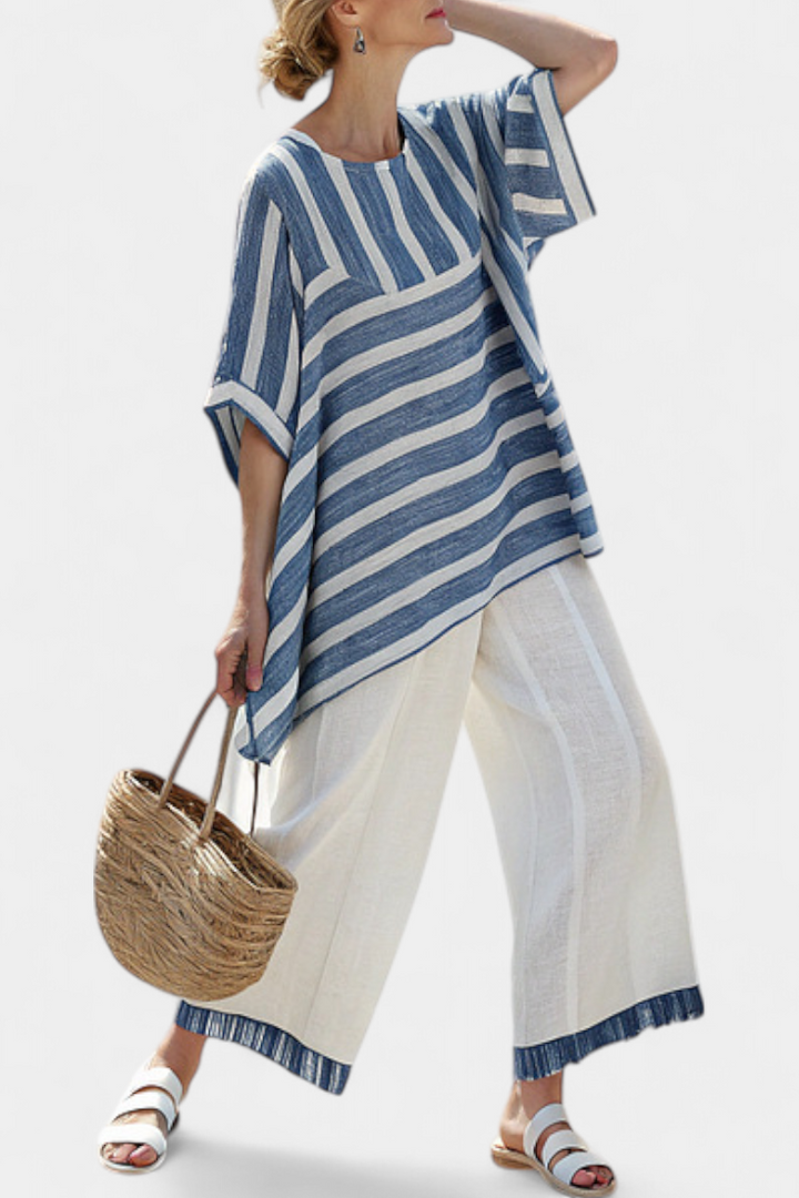 Women's Blue Striped Linen Two-Piece Set - Effortless Summer Style