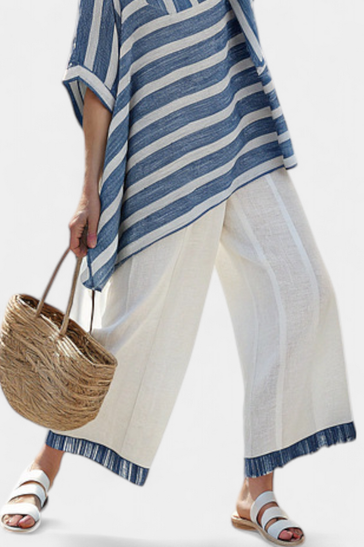 Women's Blue Striped Linen Two-Piece Set - Effortless Summer Style