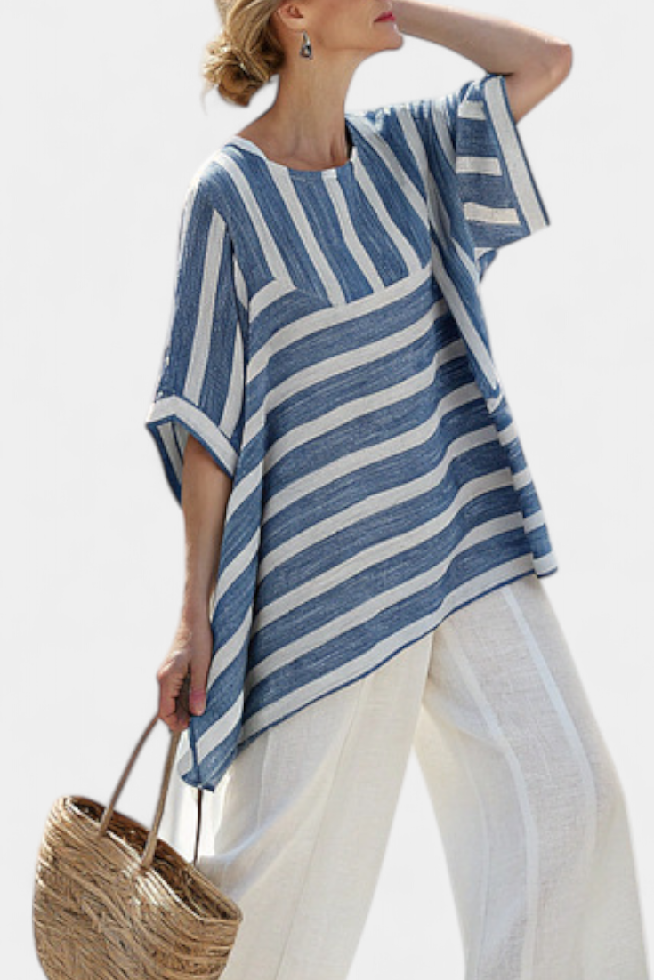 Women's Blue Striped Linen Two-Piece Set - Effortless Summer Style