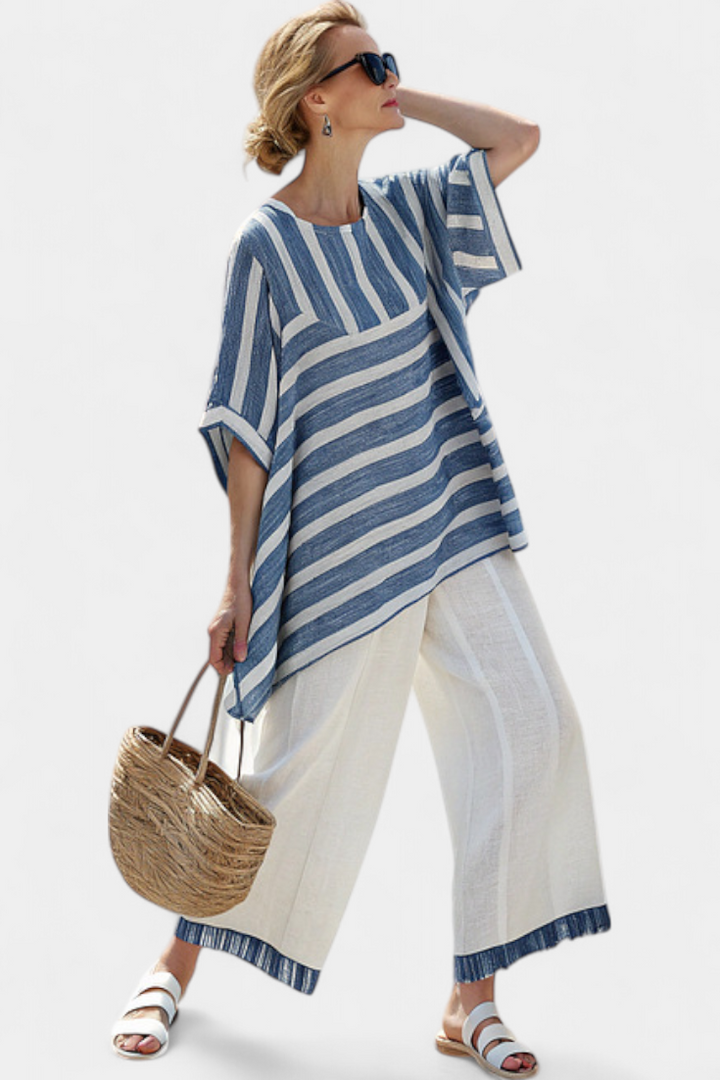 Women's Blue Striped Linen Two-Piece Set - Effortless Summer Style