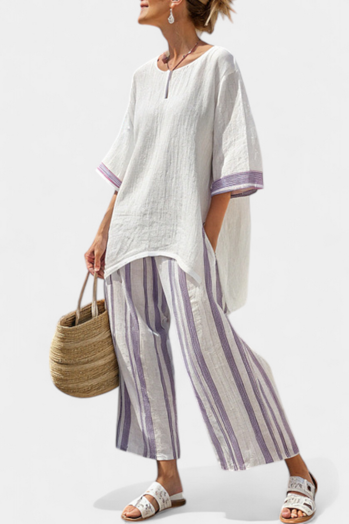Women's Relaxed Blouse & Striped Bamboo Pants - Summer Set