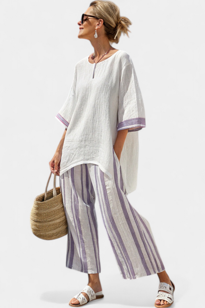 Women's Relaxed Blouse & Striped Bamboo Pants - Summer Set