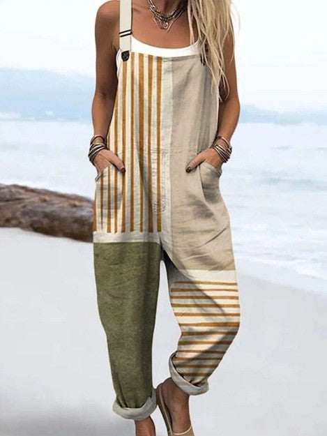 Women's Patchwork Striped Overalls - Relaxed Beach Days