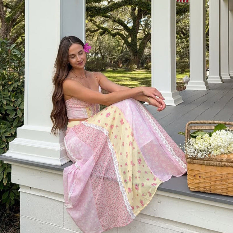 Floral Print Lace Cami Top and Midi Skirt Set Pastoral Vacation Outfit Spring Summer 2026