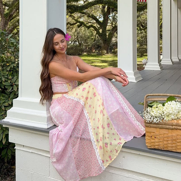 Floral Print Lace Cami Top and Midi Skirt Set Pastoral Vacation Outfit Spring Summer 2026