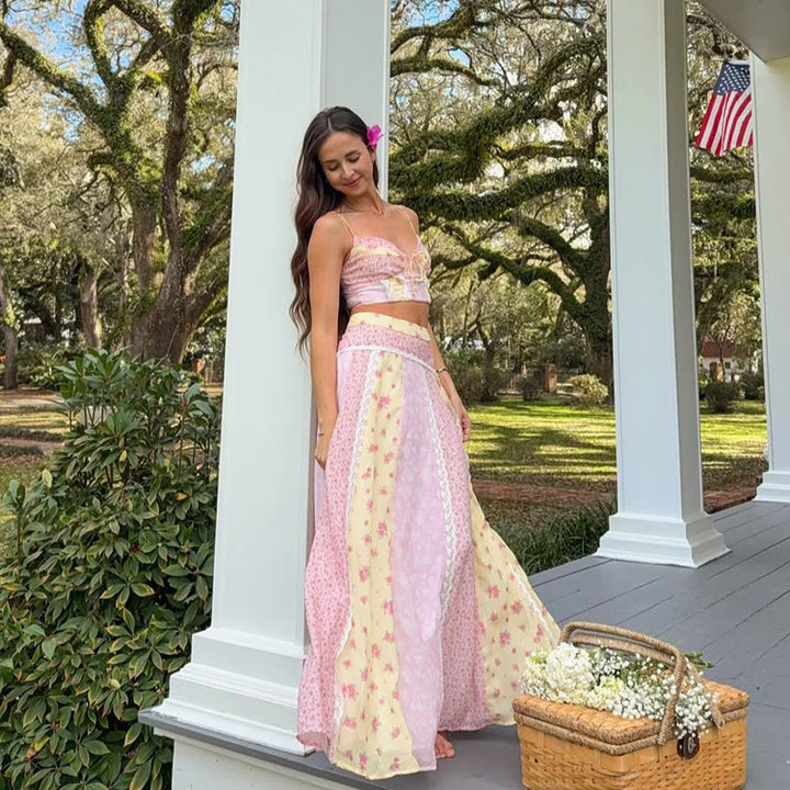 Floral Print Lace Cami Top and Midi Skirt Set Pastoral Vacation Outfit Spring Summer 2026