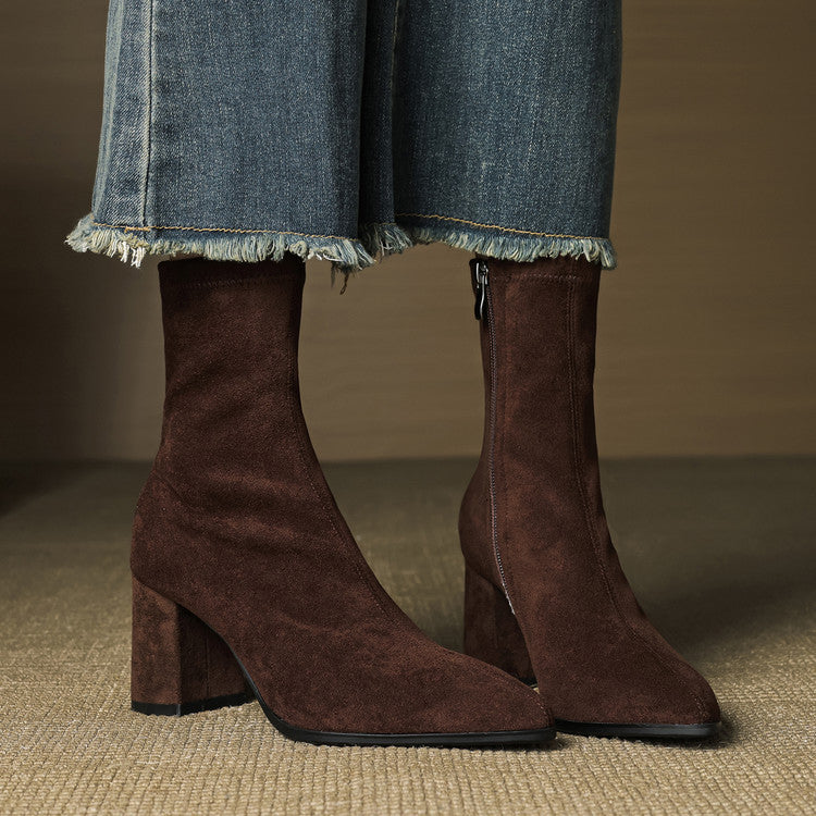 Women's Suede Ankle Boots – Block Heel with Sleek Side Zip
