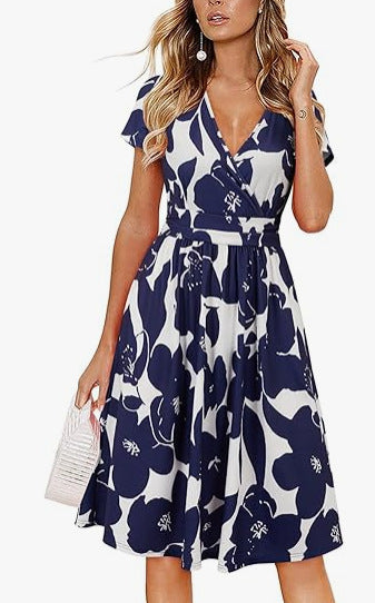 Women's V-Neck A-Line Midi Dress - Effortless Summer Elegance