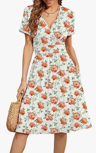Women's V-Neck A-Line Midi Dress - Effortless Summer Style