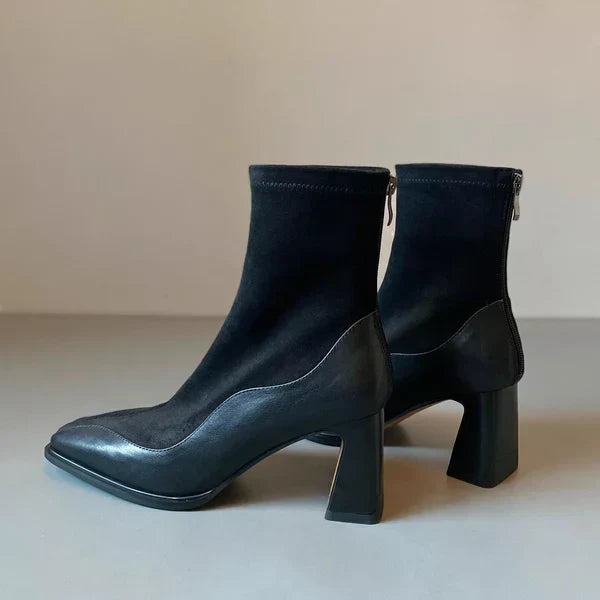 Women's Spliced Suede Boots - Structured Square Toe Block Heel