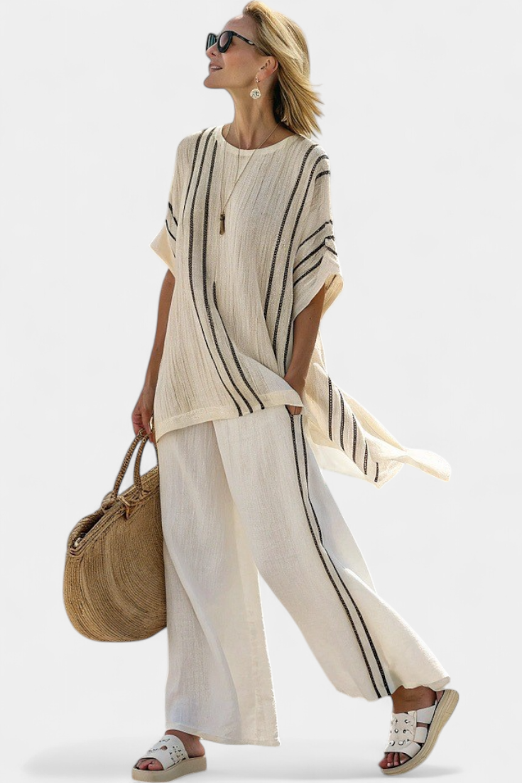 Women's Ivory Linen Blouse & Black Striped Pants Set - Coastal Style