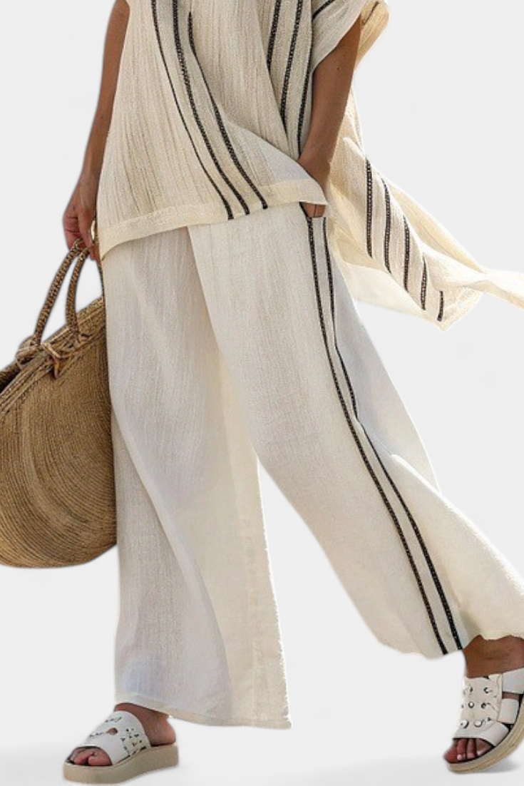 Women's Ivory Linen Blouse & Black Striped Pants Set - Coastal Style