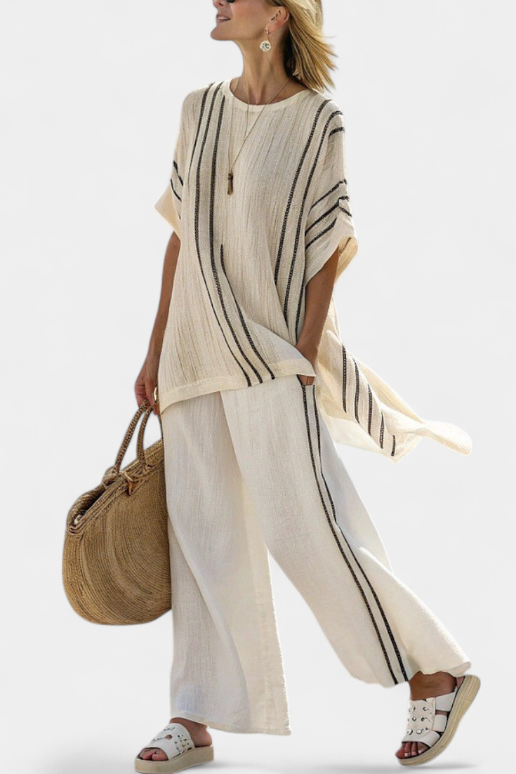 Women's Ivory Linen Blouse & Black Striped Pants Set - Coastal Style