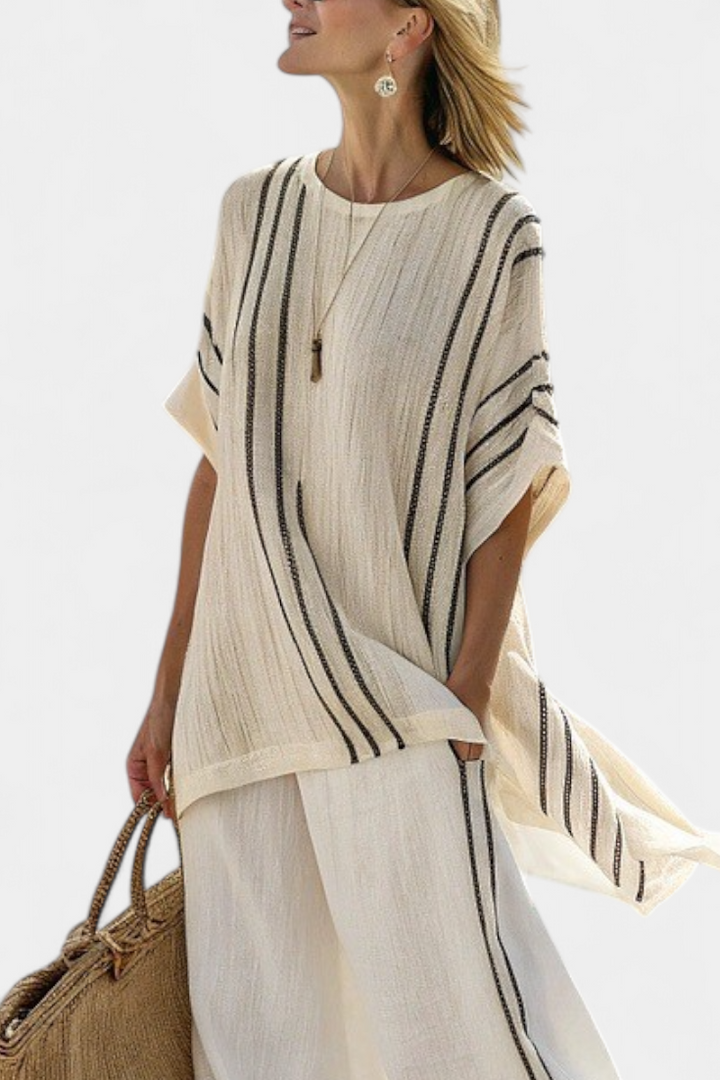 Women's Ivory Linen Blouse & Black Striped Pants Set - Coastal Style