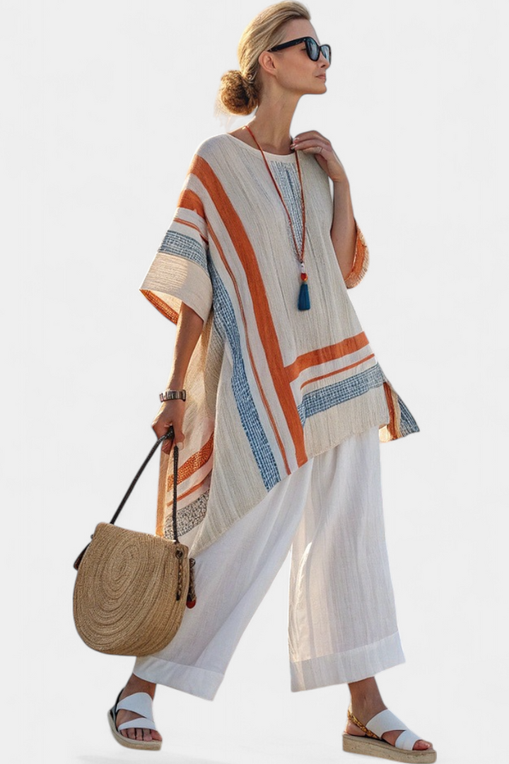 Women's Linen Striped Blouse & Wide-Leg Pants Set - Breezy Summer