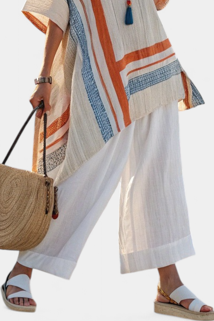Women's Linen Striped Blouse & Wide-Leg Pants Set - Breezy Summer