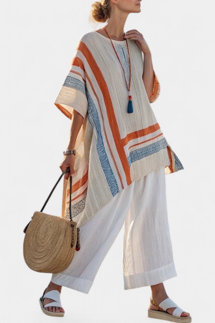 Women's Linen Striped Blouse & Wide-Leg Pants Set - Breezy Summer