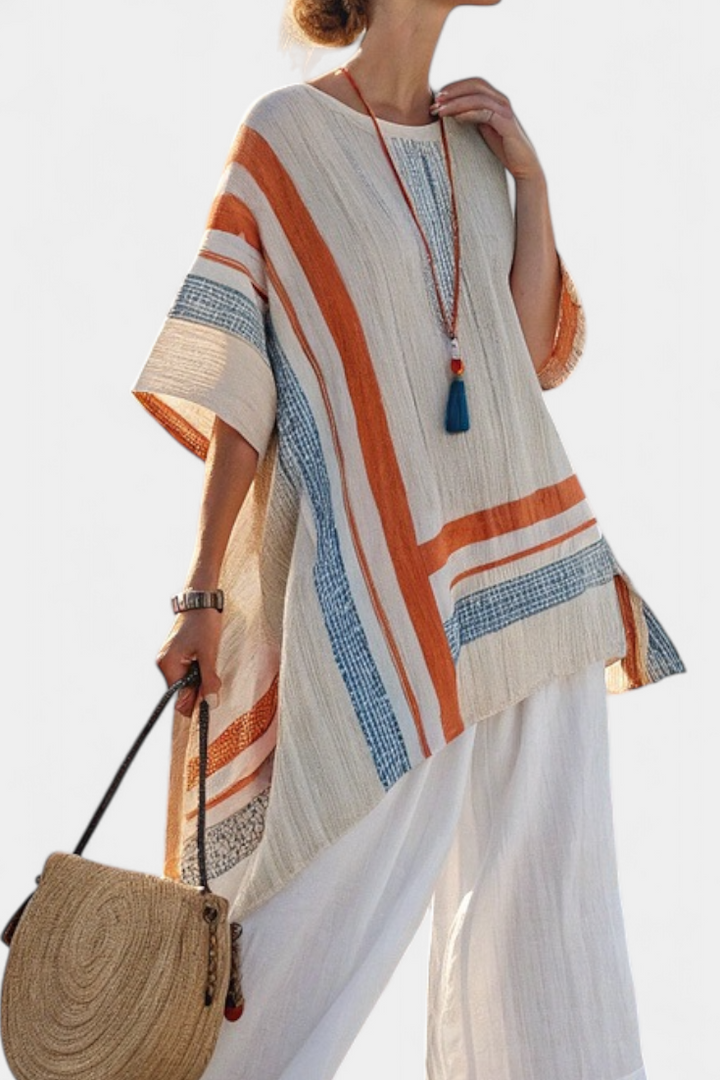 Women's Linen Striped Blouse & Wide-Leg Pants Set - Breezy Summer
