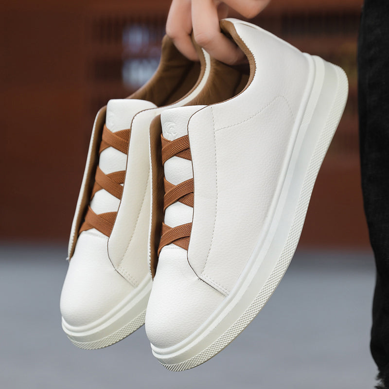 Men's Leather Slip-On Trainers – Elastic Lace Casual Sneakers