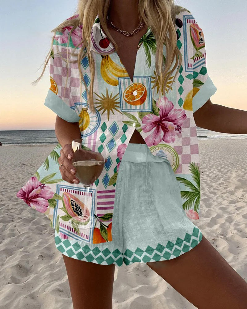 Women's Fruit Print Short Linen Two-Piece Set - Sunny Adventures