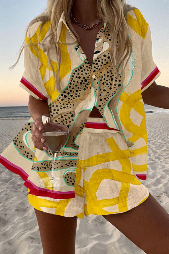 Women's Cheetah Print Linen Short Set - Effortless Summer Style