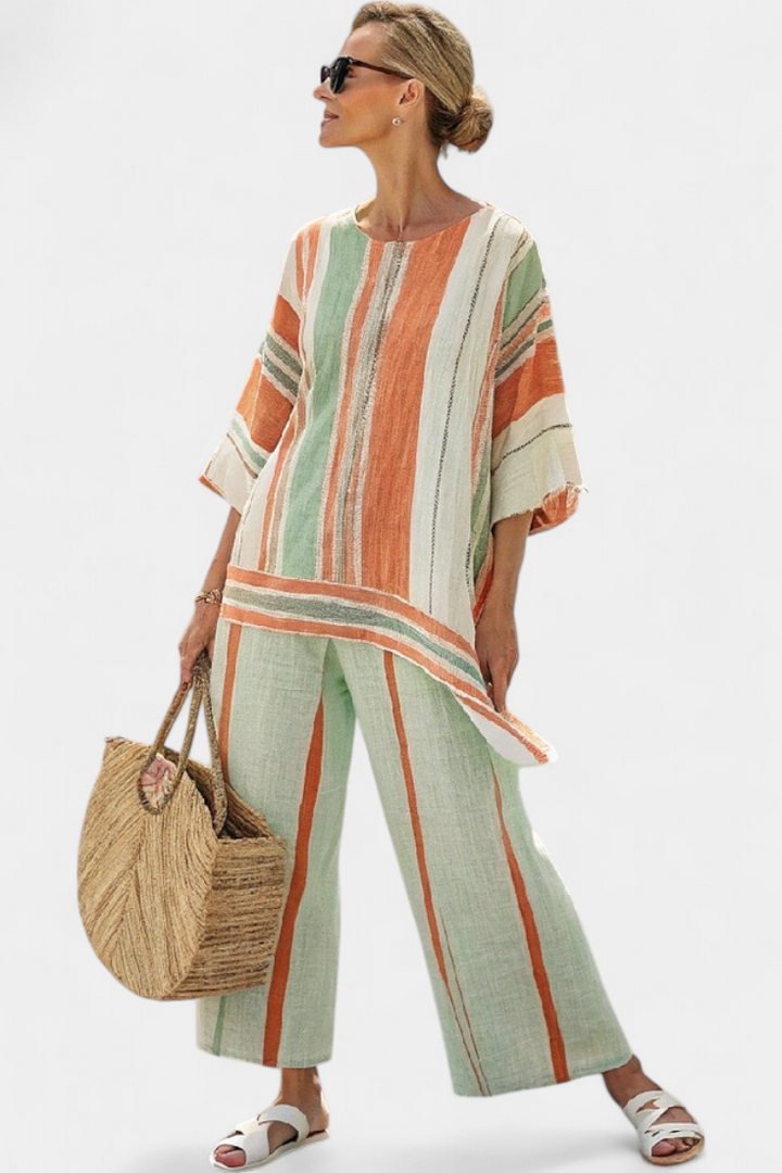 Women's Striped Asymmetrical Top & Wide-Leg Pants - Breezy Vacation