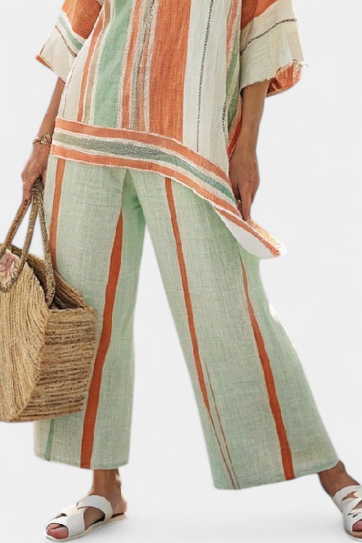 Women's Striped Asymmetrical Top & Wide-Leg Pants - Breezy Vacation