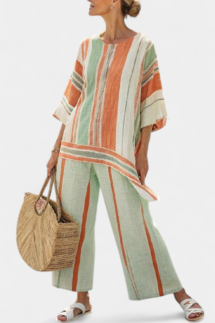 Women's Striped Asymmetrical Top & Wide-Leg Pants - Breezy Vacation