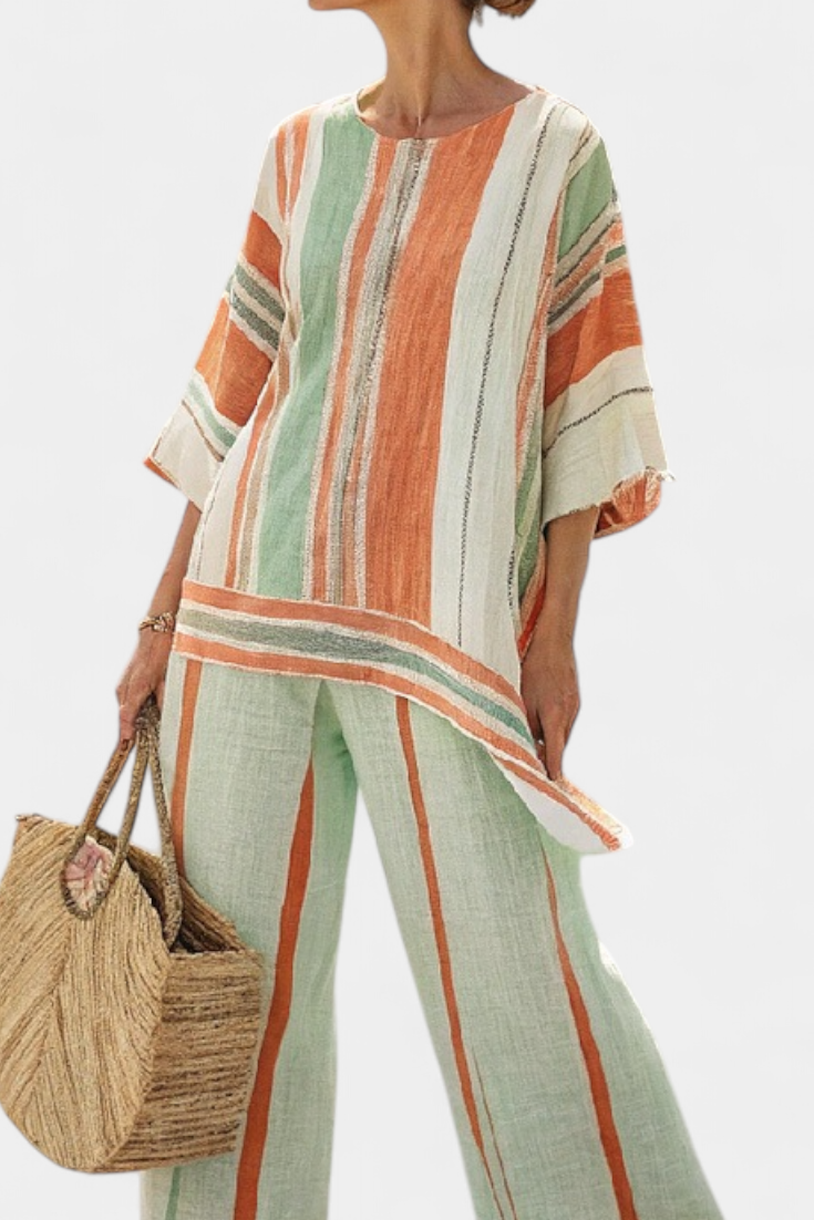 Women's Striped Asymmetrical Top & Wide-Leg Pants - Breezy Vacation