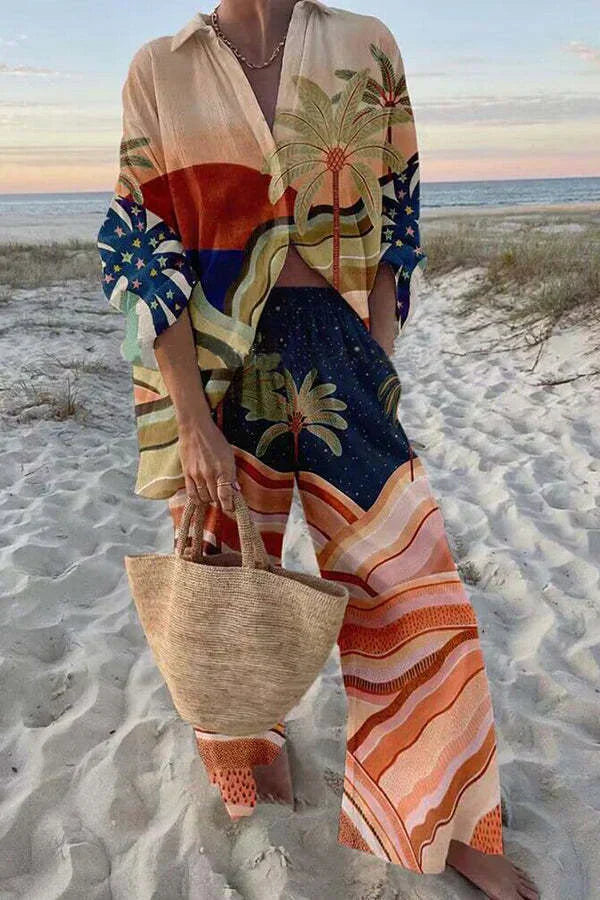 Women's Linen-Cotton Blend Two-Piece Set - Effortless Ocean-Inspired