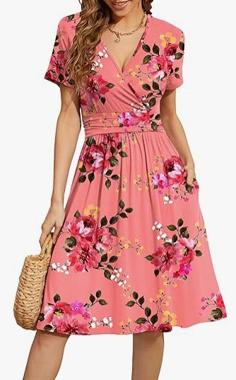 Women's V-Neck A-Line Midi Dress - Effortless Summer Elegance