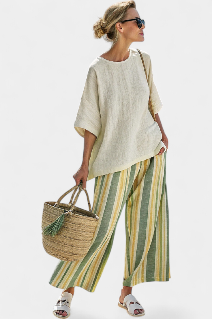 Women's Striped Linen Two-Piece Set - Sophisticated Top & Pants