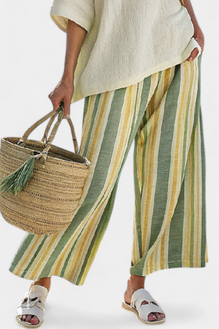 Women's Striped Linen Two-Piece Set - Sophisticated Top & Pants