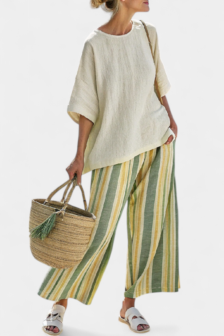 Women's Striped Linen Two-Piece Set - Sophisticated Top & Pants
