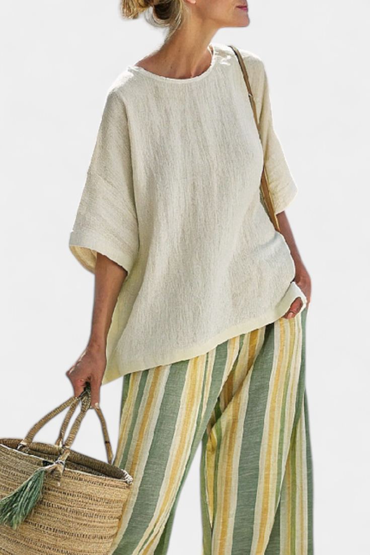 Women's Striped Linen Two-Piece Set - Sophisticated Top & Pants